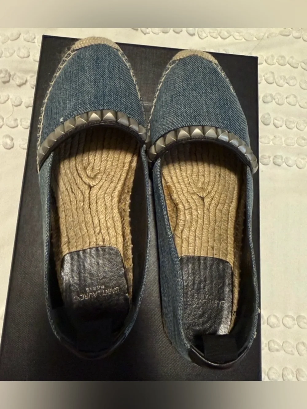 Saint Laurent Denim Espadrille Flats with Stud Trim EU37
